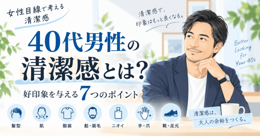 40代男性の清潔感について、女性目線で好印象を与える髪型・肌・服装・身だしなみ・ニオイ・手や爪・足元の7つのポイントを紹介するイラスト