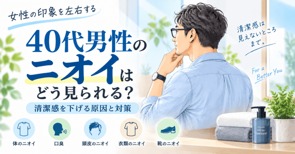 40代男性のニオイについて、女性目線で清潔感を下げる原因と対策を紹介するイラスト