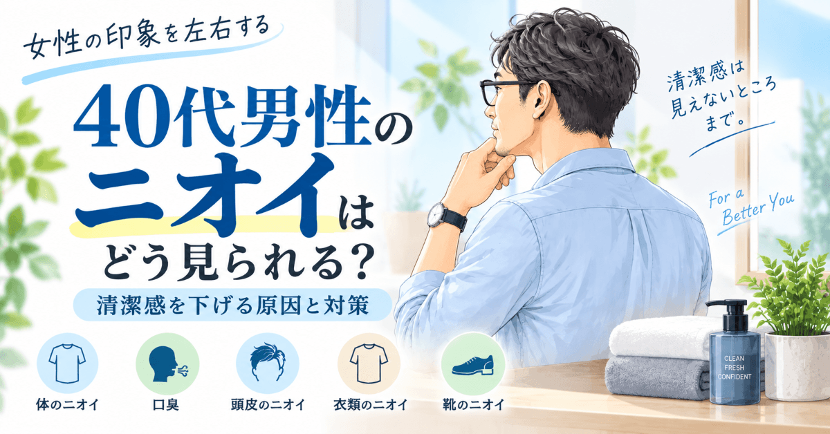 40代男性のニオイについて、女性目線で清潔感を下げる原因と対策を紹介するイラスト