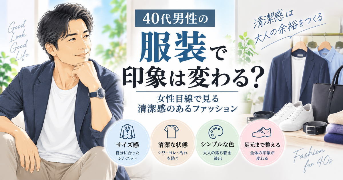 40代男性の服装で清潔感のあるファッションを女性目線で紹介するイラスト