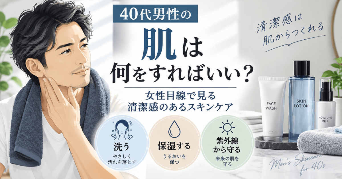 40代男性の清潔感のあるスキンケアを女性目線で解説するイラスト