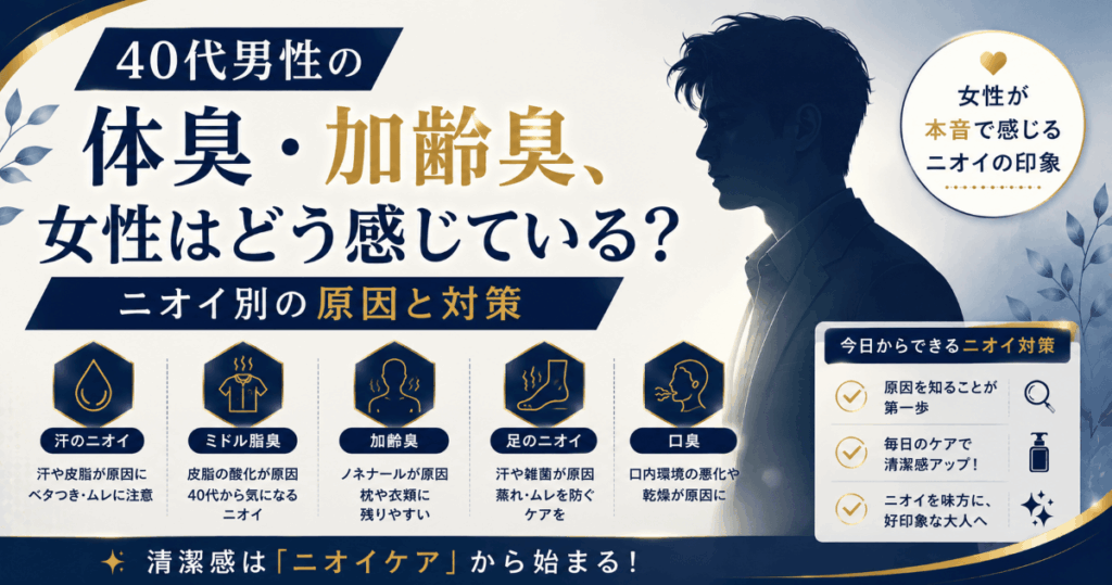 40代男性の体臭・加齢臭について、女性が感じるニオイの印象とニオイ別の原因・対策を紹介するアイキャッチ画像