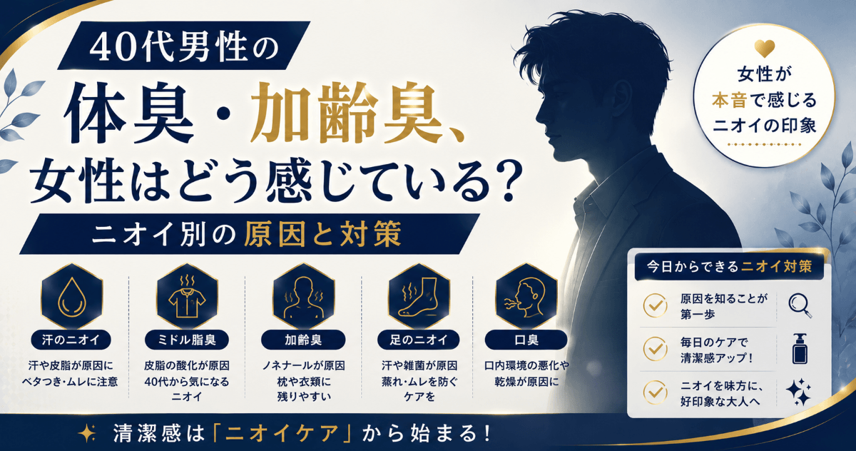 40代男性の体臭・加齢臭について、女性が感じるニオイの印象とニオイ別の原因・対策を紹介するアイキャッチ画像
