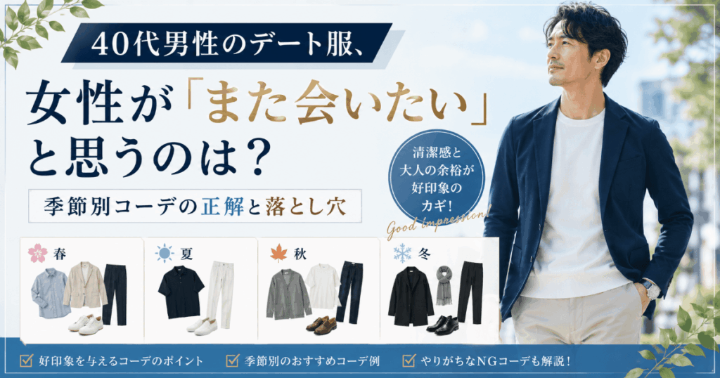 40代男性のデート服について、女性がまた会いたいと思う好印象なコーデと季節別の服装を紹介するアイキャッチ画像