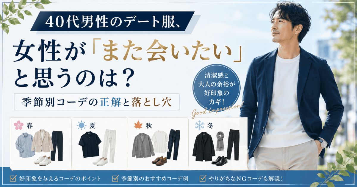 40代男性のデート服について、女性がまた会いたいと思う好印象なコーデと季節別の服装を紹介するアイキャッチ画像