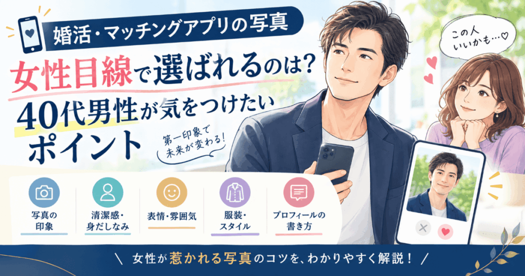 婚活・マッチングアプリで女性に選ばれる40代男性のプロフィール写真と、清潔感や表情、服装など気をつけたいポイントを紹介する画像