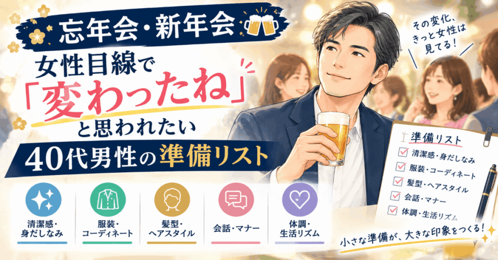 忘年会・新年会で女性から『変わったね』と思われたい40代男性に向けた、清潔感や服装、髪型、会話・マナーなどの準備ポイントを紹介する画像
