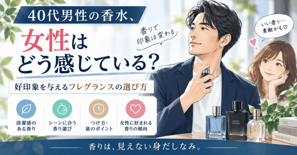 40代男性の香水について、女性が感じる香りの印象と好印象を与えるフレグランスの選び方を紹介する画像