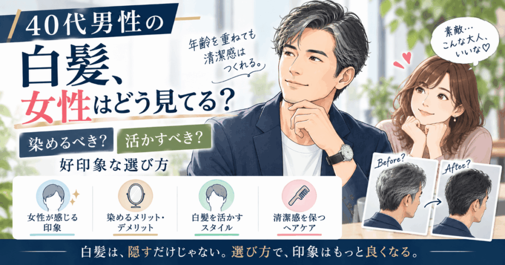 40代男性の白髪について、女性から見た印象と、白髪を染める・活かす場合の好印象な選び方を紹介する画像