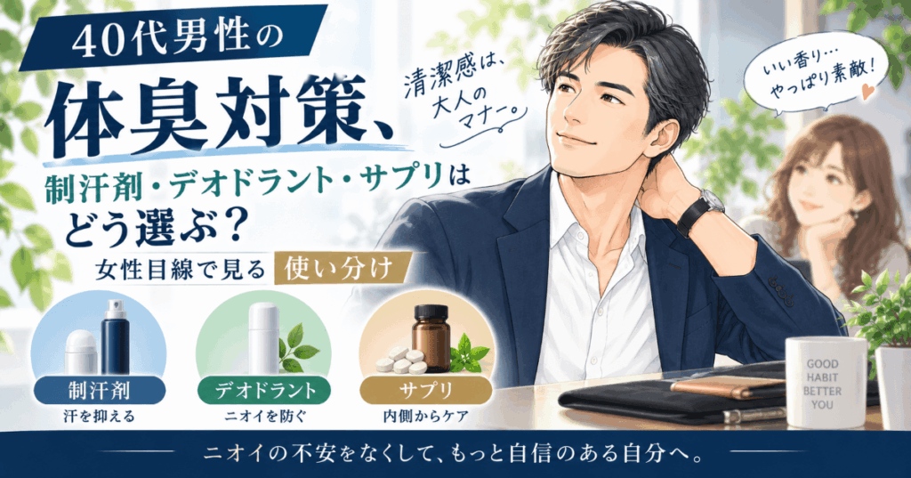 40代男性の体臭対策として、制汗剤・デオドラント・サプリの違いと、女性目線での使い分けを紹介する画像