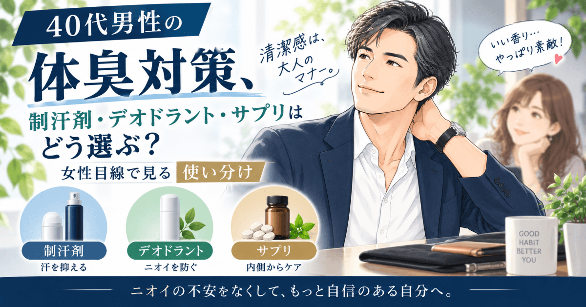 40代男性の体臭対策として、制汗剤・デオドラント・サプリの違いと、女性目線での使い分けを紹介する画像
