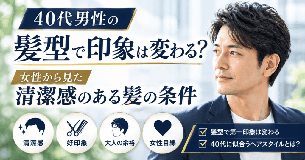 40代男性の髪型による印象の違いと、女性目線で見る清潔感のある髪の条件をイメージしたアイキャッチ画像。