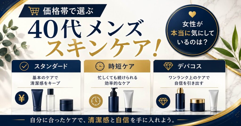 価格帯で選ぶ40代メンズスキンケアを紹介する画像。スタンダード・時短ケア・デパコスの3タイプと、女性が気にする40代男性の清潔感を解説