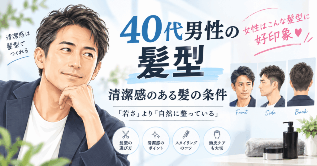 40代男性の清潔感のある髪型を女性目線で紹介するイラスト