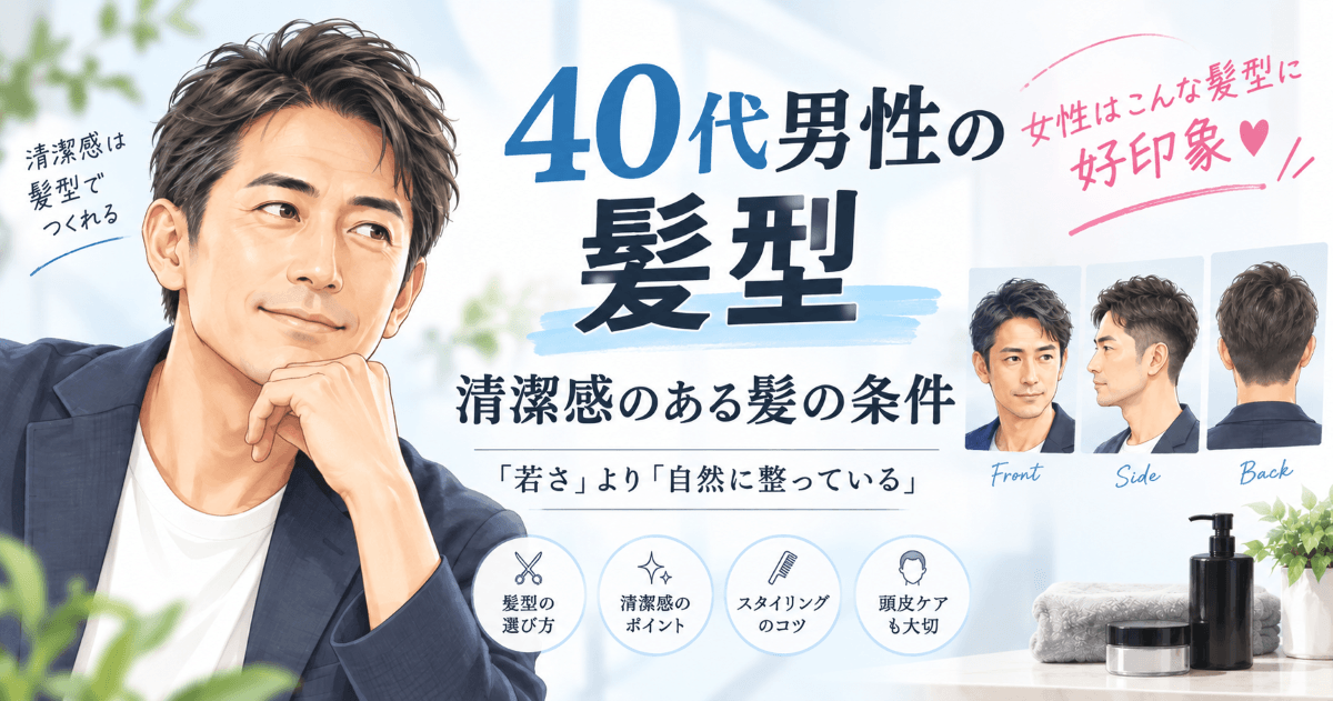40代男性の清潔感のある髪型を女性目線で紹介するイラスト