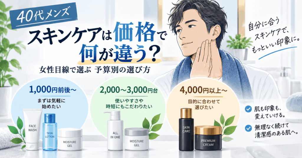 40代メンズスキンケアの価格帯別の違いと女性目線での選び方を紹介するイラスト