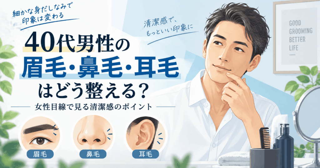 40代男性の眉毛・鼻毛・耳毛の整え方と女性目線で見る清潔感のポイントを紹介するイラスト