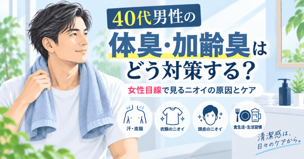40代男性の体臭・加齢臭の原因と対策を女性目線で紹介するイラスト