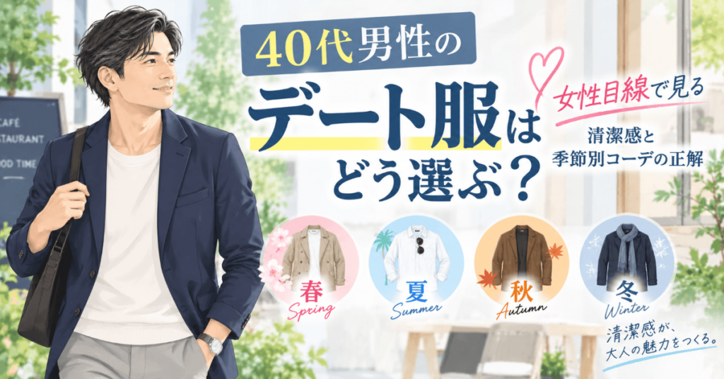 40代男性のデート服の選び方と女性目線で見る清潔感・季節別コーデを紹介するイラスト