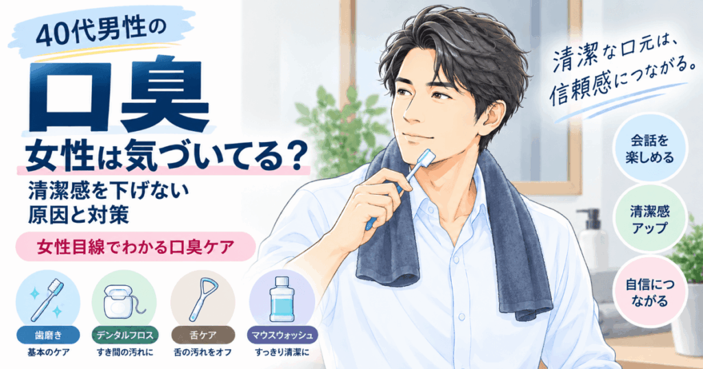 40代男性の口臭の原因と対策を女性目線で紹介するオーラルケアのイラスト