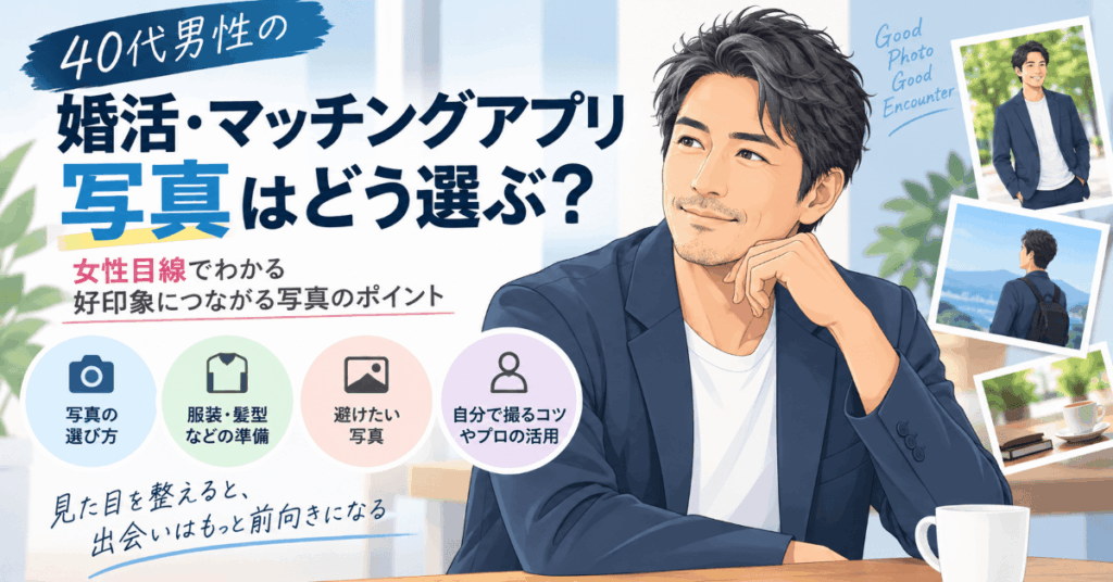 40代男性の婚活・マッチングアプリ写真の選び方を女性目線で紹介するイラスト