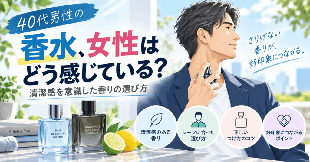 40代男性の香水の選び方と女性目線で見る清潔感のある香りを紹介するイラスト