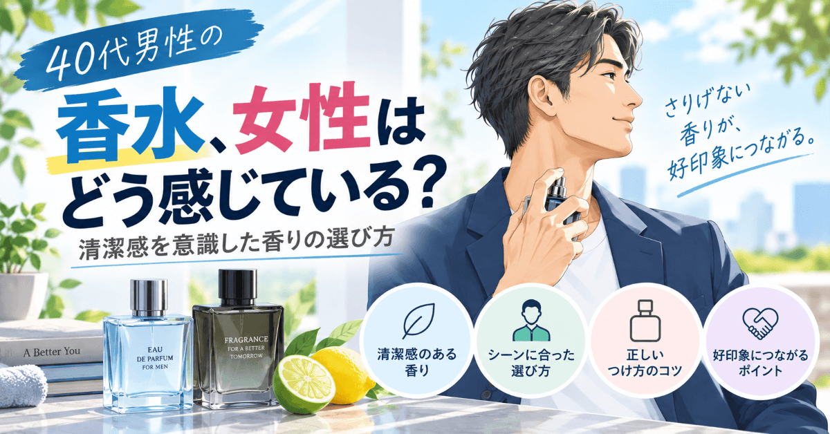 40代男性の香水の選び方と女性目線で見る清潔感のある香りを紹介するイラスト
