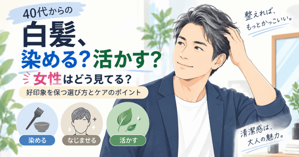 40代男性の白髪を染める・なじませる・活かす選択肢を女性目線で紹介するイラスト