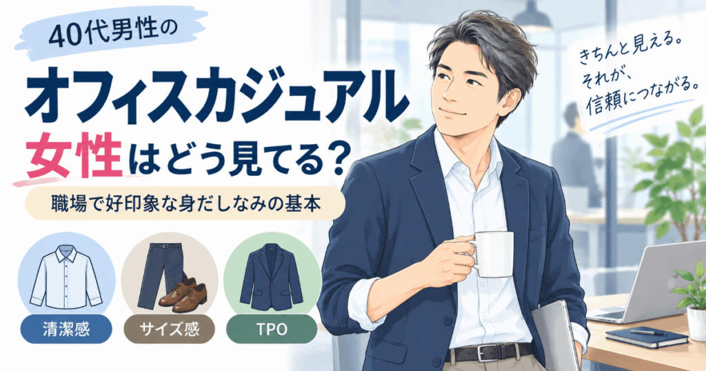 40代男性のオフィスカジュアルで清潔感・サイズ感・TPOを意識した職場の身だしなみを紹介するイラスト