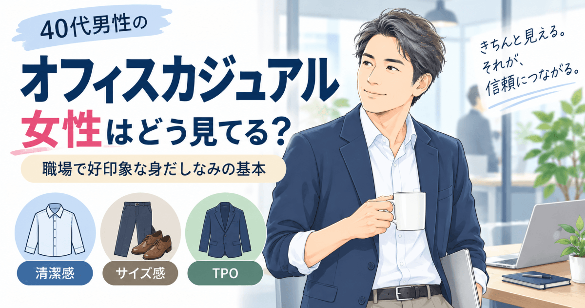40代男性のオフィスカジュアルで清潔感・サイズ感・TPOを意識した職場の身だしなみを紹介するイラスト