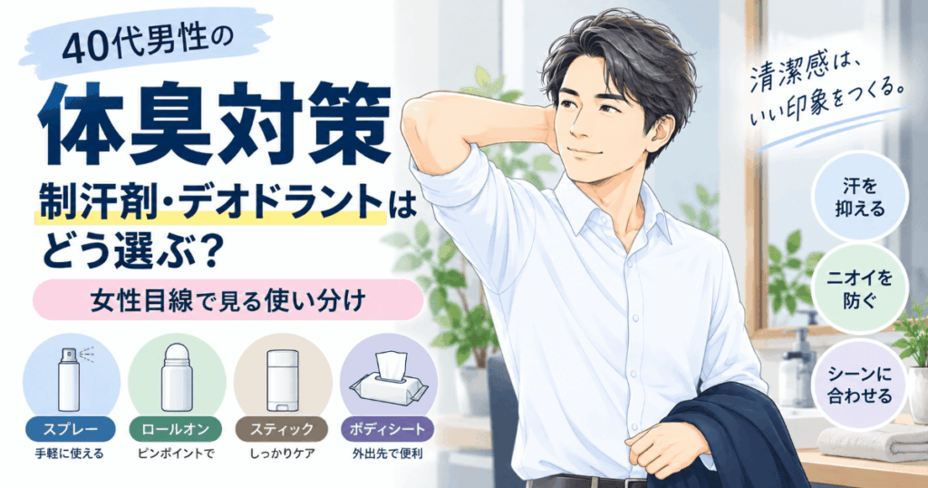 40代男性の体臭対策で制汗剤・デオドラントの種類と使い分けを女性目線で紹介するイラスト