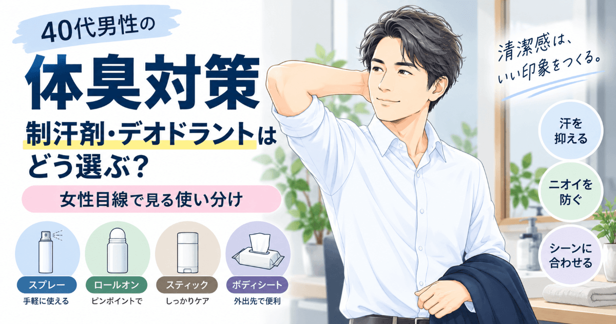 40代男性の体臭対策で制汗剤・デオドラントの種類と使い分けを女性目線で紹介するイラスト