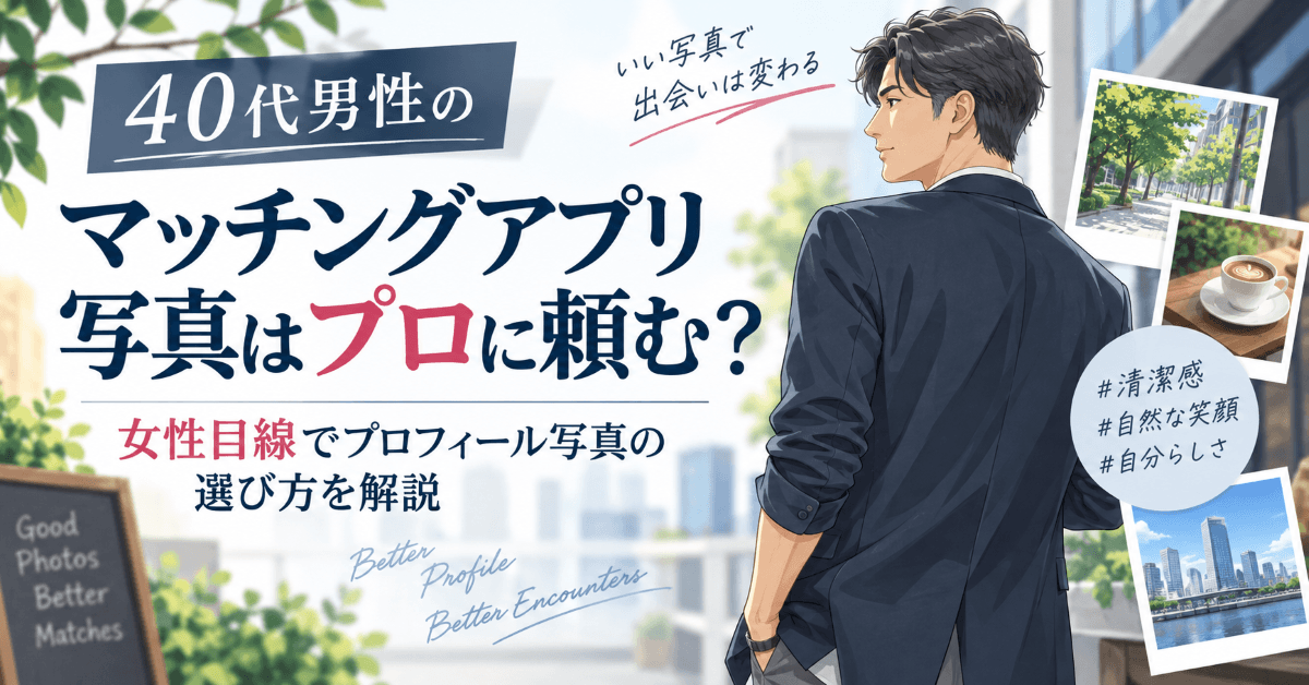 40代男性のマッチングアプリ写真はプロに頼む？女性目線でプロフィール写真の選び方を解説するイラスト