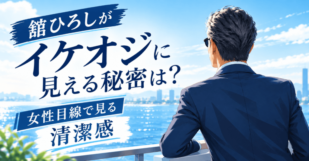 ネイビーのスーツを着た男性の後ろ姿と青い海のイラスト。舘ひろしがイケオジに見える秘密と清潔感をテーマにしたアイキャッチ画像